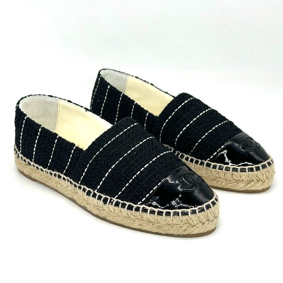 CHANEL 15S 2015 Classic Tweed Patent Cap Toe CC Logo Espadrilles Flats Shoes - Picture 9 of 16